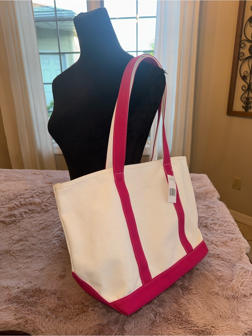 White Canvas Boat Tote with Hot Pink Trim NWT